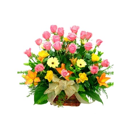 Flower Basket with Roses, Lilies, Gerberas